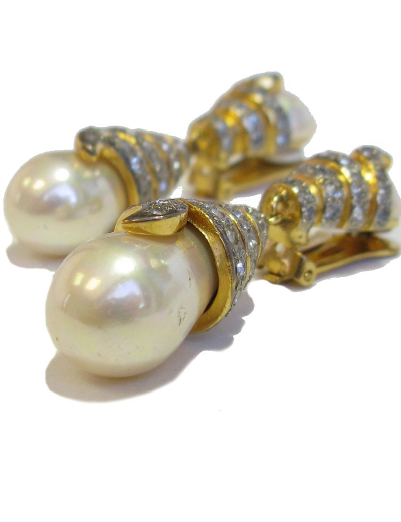 Boucles d'oreille clips VOGUE BIJOUX en métal doré, strass et perles nacrées