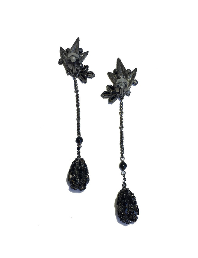Boucles d'oreille clips pendantes anonyme en strass, perles et brillants noirs