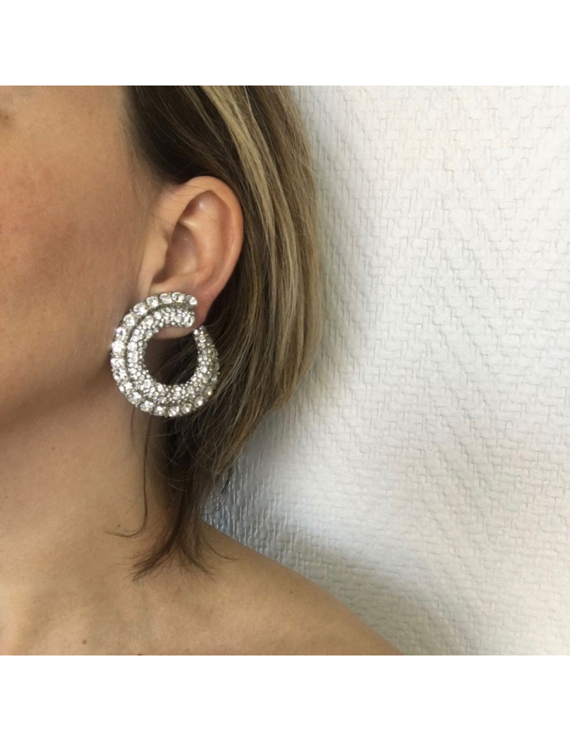 Boucles d'oreille clips en métal argenté et strass