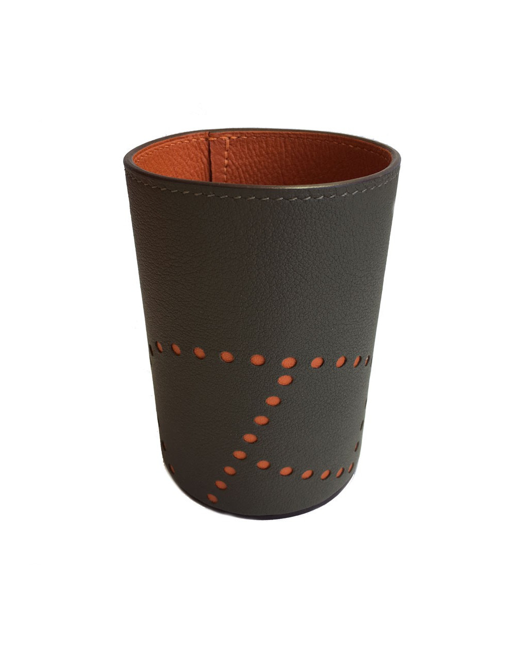 Pot à crayon HERMES modèle Evelyn en taurillon étoupe/potiron