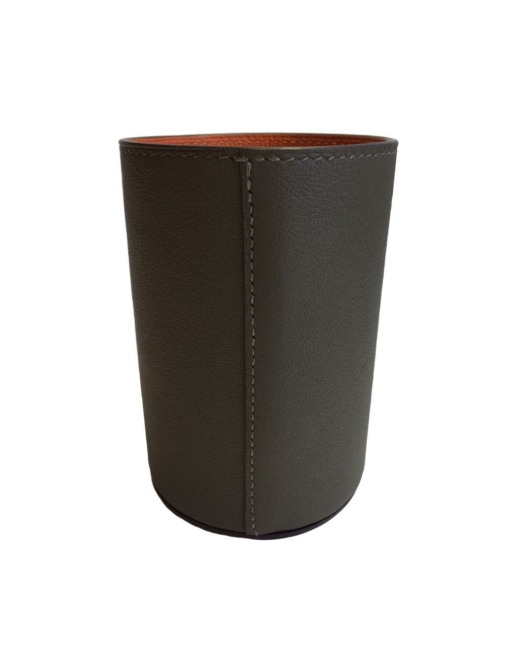 Pot à crayon HERMES modèle Evelyn en taurillon étoupe/potiron