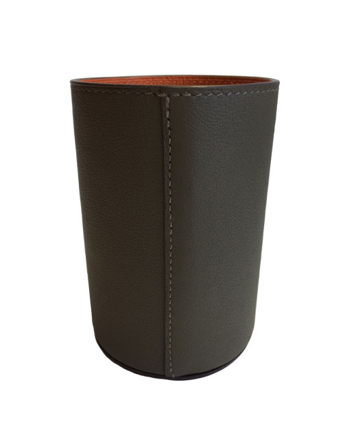 Pot à crayon HERMES modèle Evelyn en taurillon étoupe/potiron