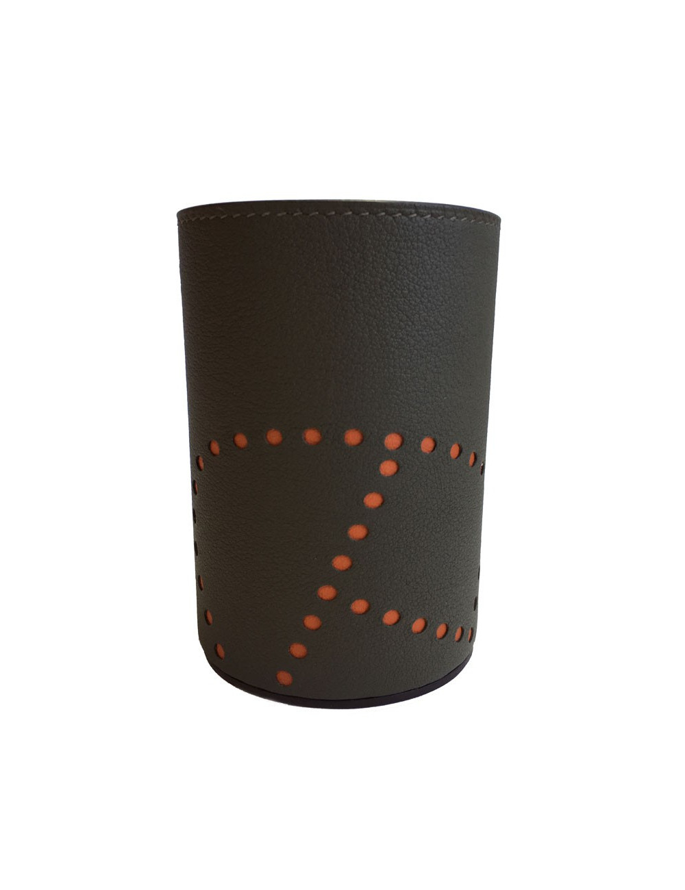 Pot à crayon HERMES modèle Evelyn en taurillon étoupe/potiron