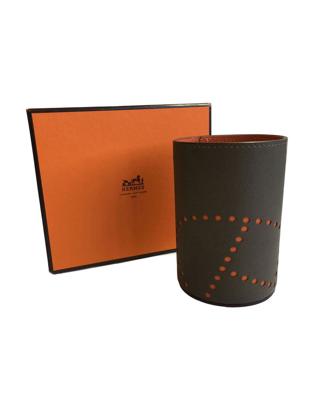 Pot à crayon HERMES modèle Evelyn en taurillon étoupe/potiron