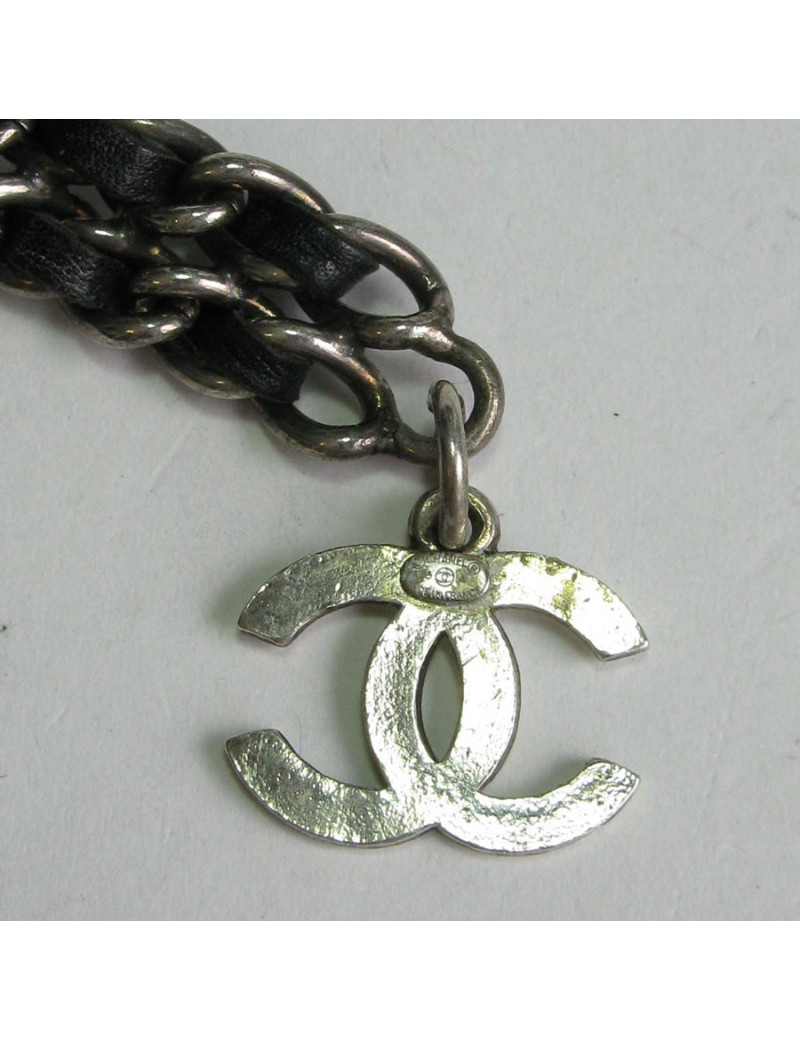 Ceinture CHANEL chaine argent et cuir noir Vintage