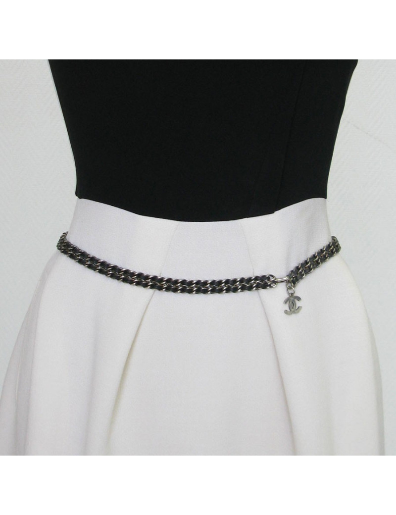 Ceinture CHANEL chaine argent et cuir noir Vintage