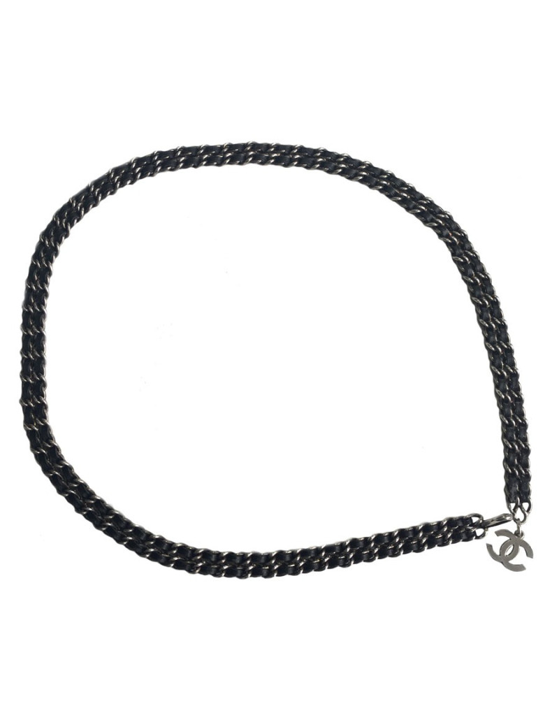 Ceinture CHANEL chaine argent et cuir noir Vintage