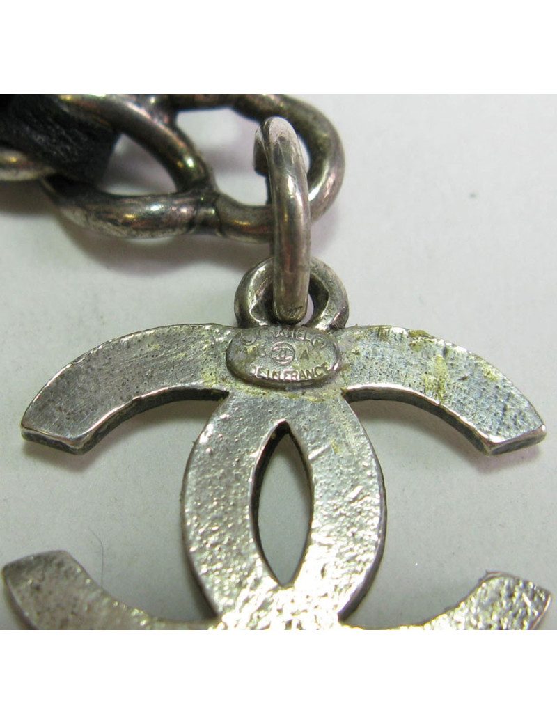 Ceinture CHANEL chaine argent et cuir noir Vintage
