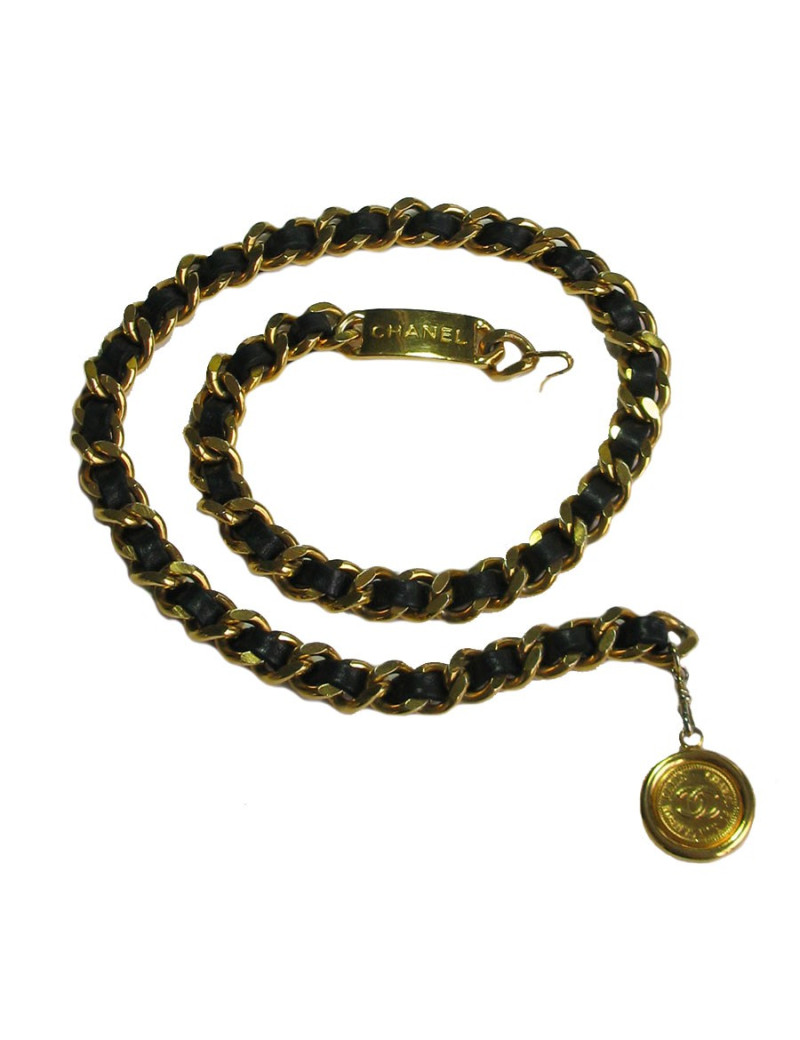 Ceinture CHANEL en chaine dorée et cuir noir vintage 