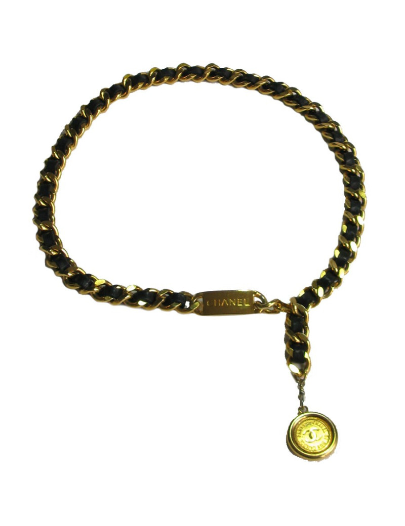 Ceinture CHANEL en chaine dorée et cuir noir vintage 