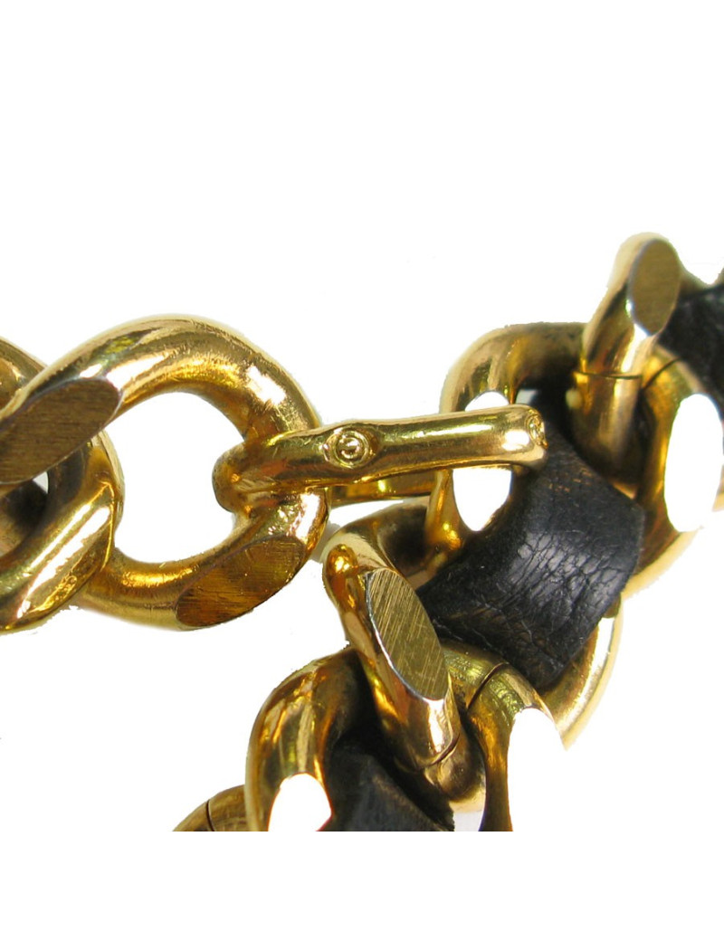 Ceinture CHANEL en chaine dorée et cuir noir vintage 