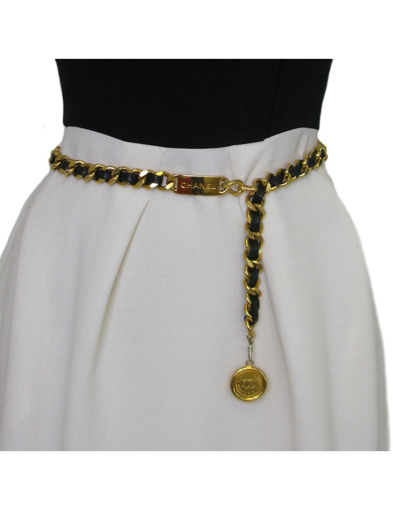 xxx Ceinture CHANEL en chaine dorée et cuir noir vintage 