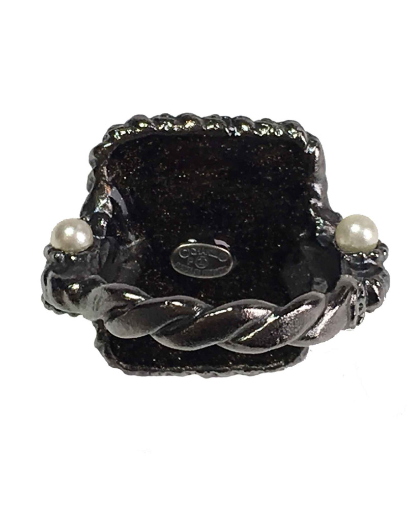 MANQUE PERLE Bague CHANEL T52 en ruthénium et résine noire