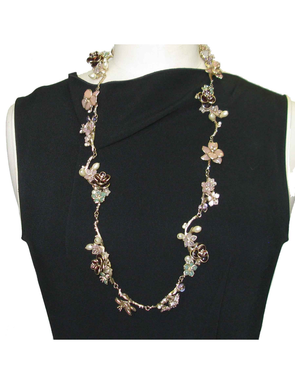 xxx Ceinture Couture CHANEL en métal doré or pâle, fleur en pâte de verre de couleur, perles nacrées et strass