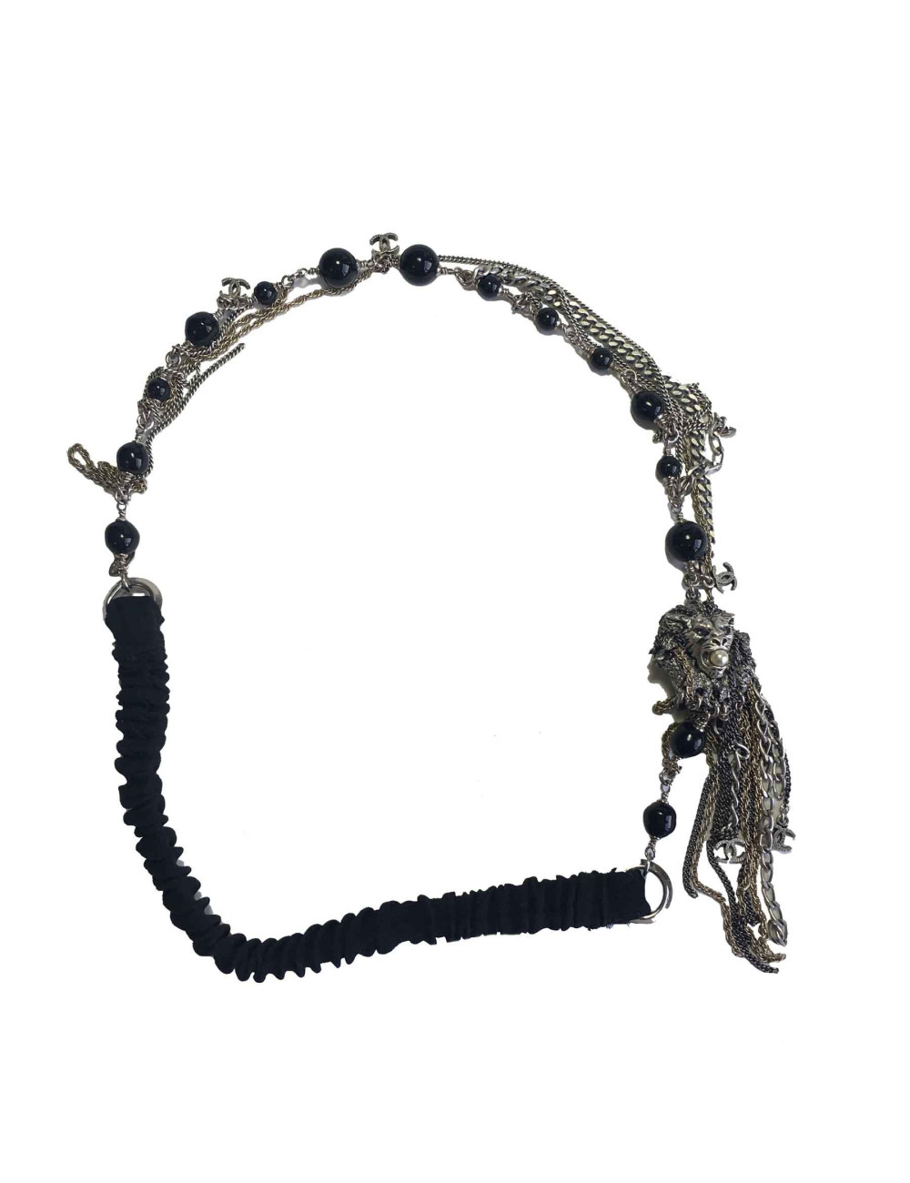 Serre-tête CHANEL "Paris-Venise" multi chaîne en argentées et dorées, perles noires et tête de lion