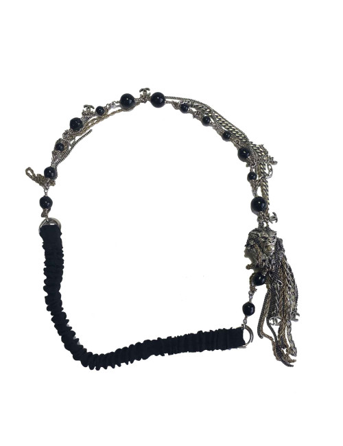 Serre-tête CHANEL "Paris-Venise" multi chaîne en argentées et dorées, perles noires et tête de lion
