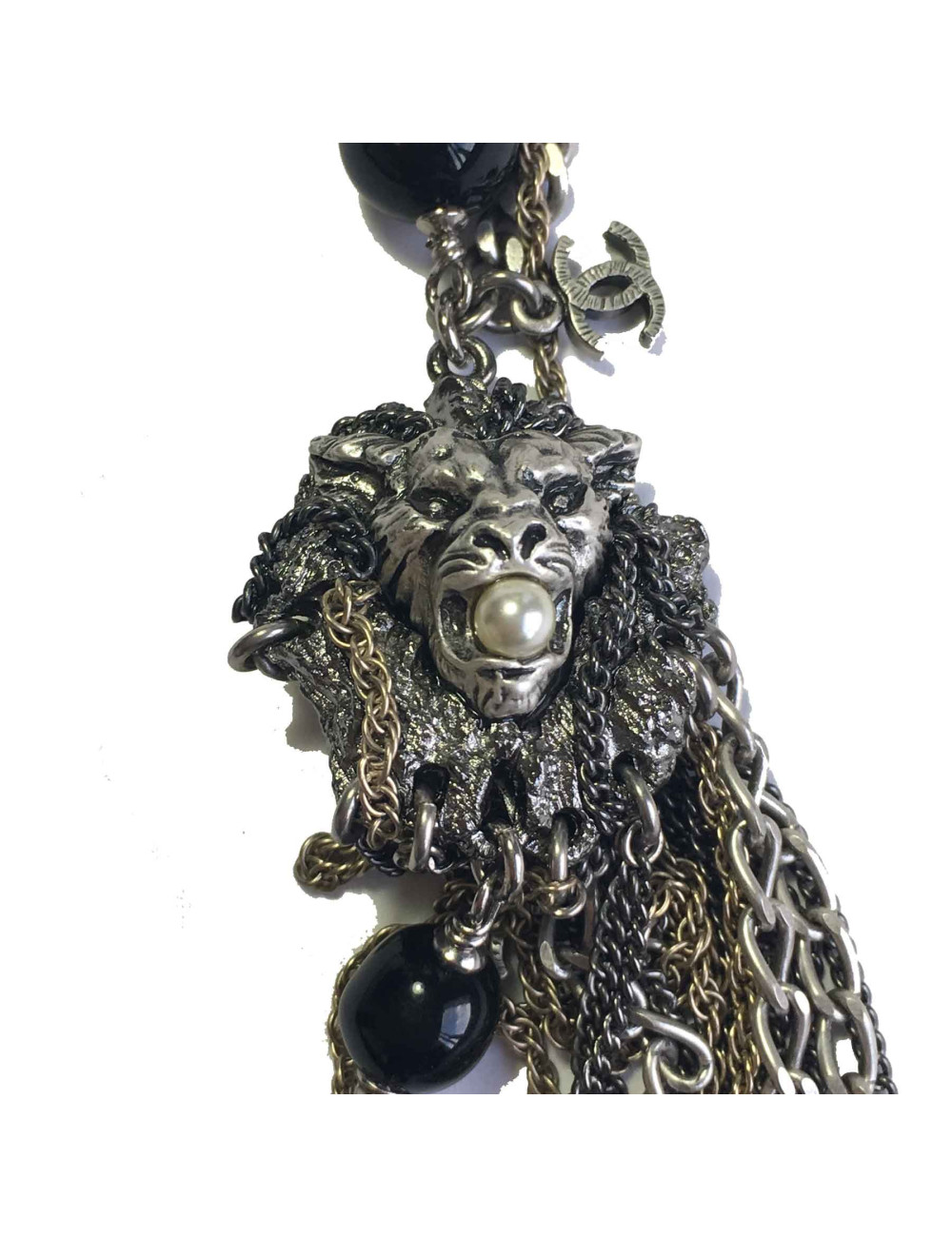 Serre-tête CHANEL "Paris-Venise" multi chaîne en argentées et dorées, perles noires et tête de lion