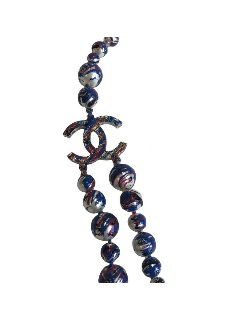 Sautoir CHANEL Airlines collection en perles nacrées, bleu blanc rouge