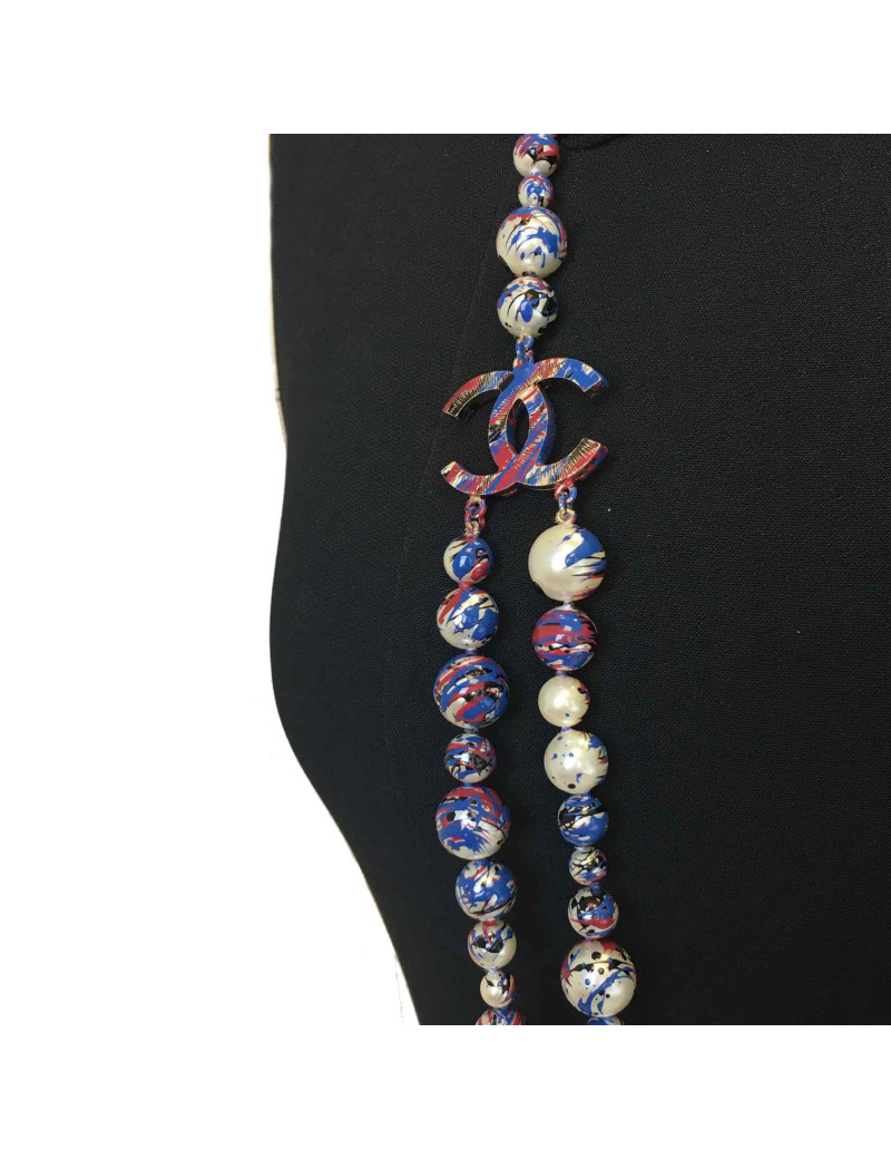 Sautoir CHANEL Airlines collection en perles nacrées, bleu blanc rouge