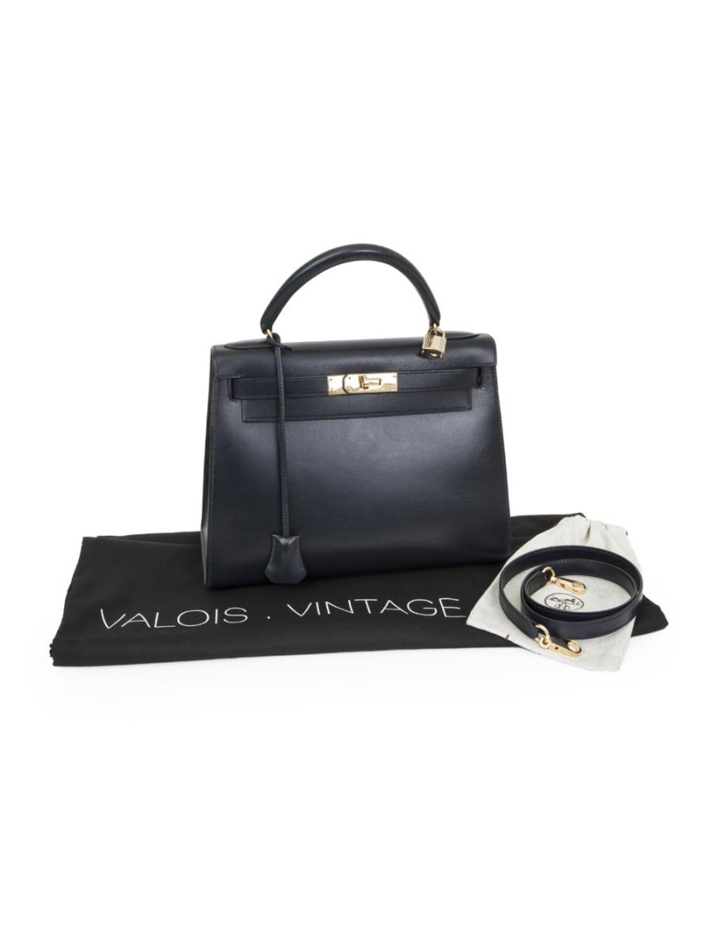 Kelly 28 HERMES sellier bleu nuit avec bandoulière