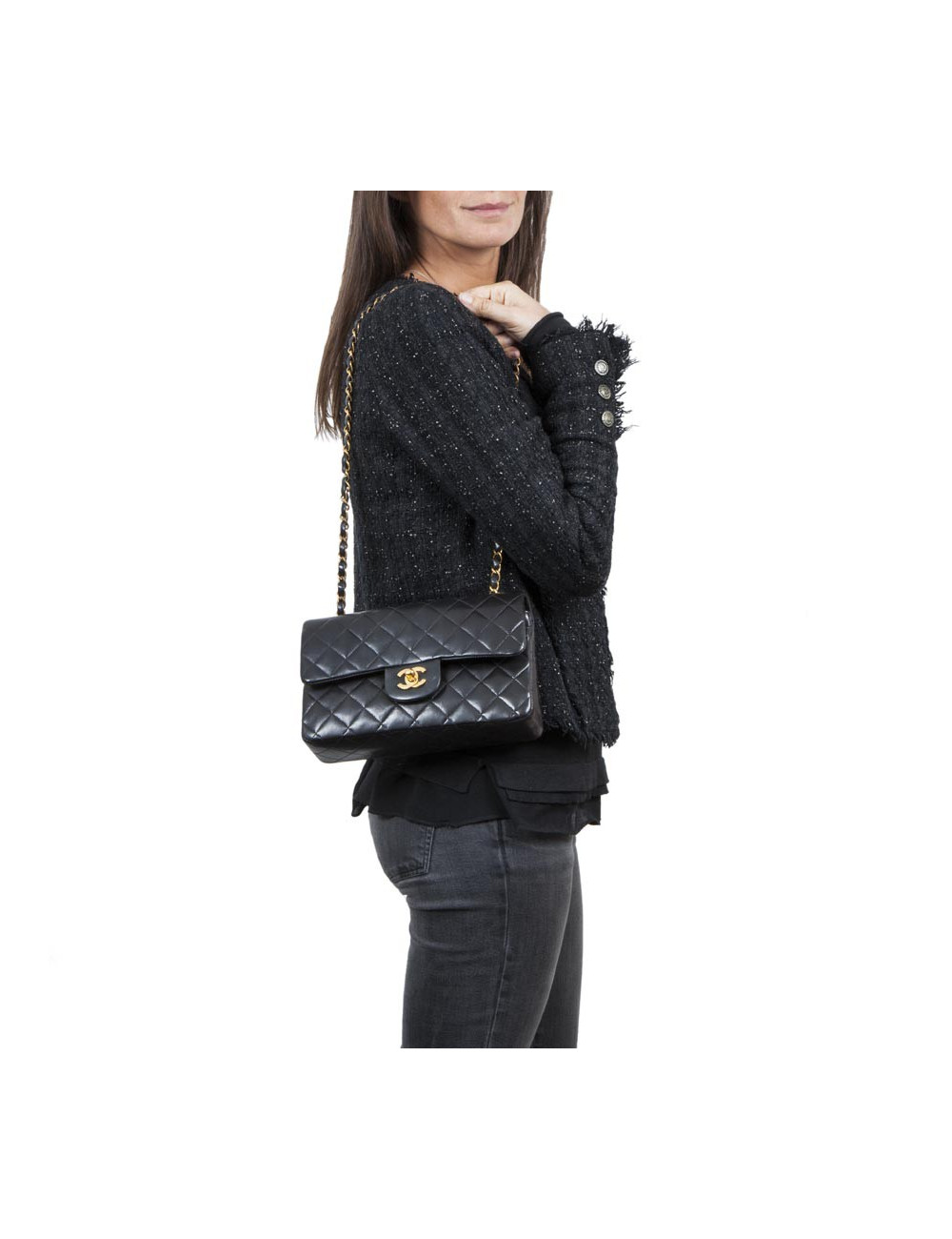 CHANEL 'Timeless' Double Flap Bag in Black Quilted Lambskin Leather