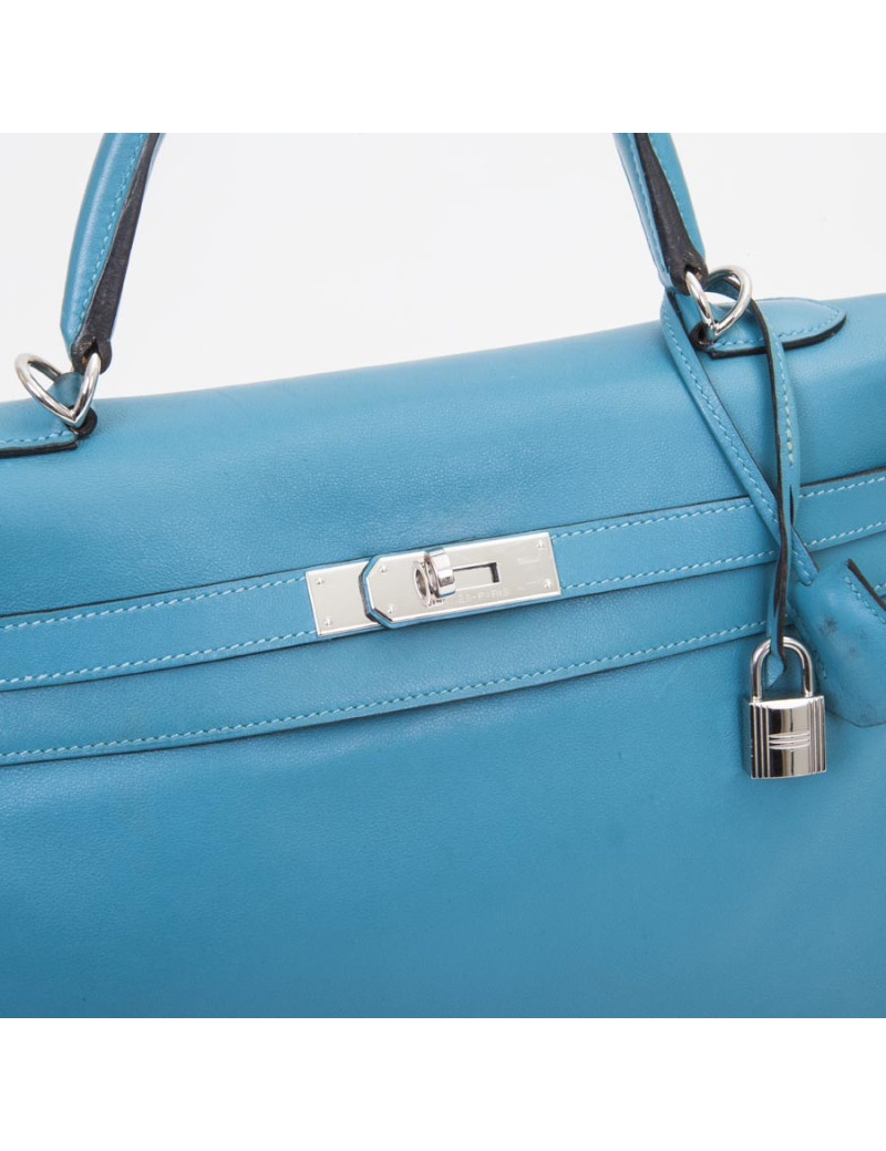Sac HERMES Kelly II 35 en cuir de veau swift bleu izmir avec bandoulière