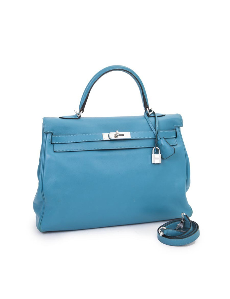 Sac HERMES Kelly II 35 en cuir de veau swift bleu izmir avec bandoulière