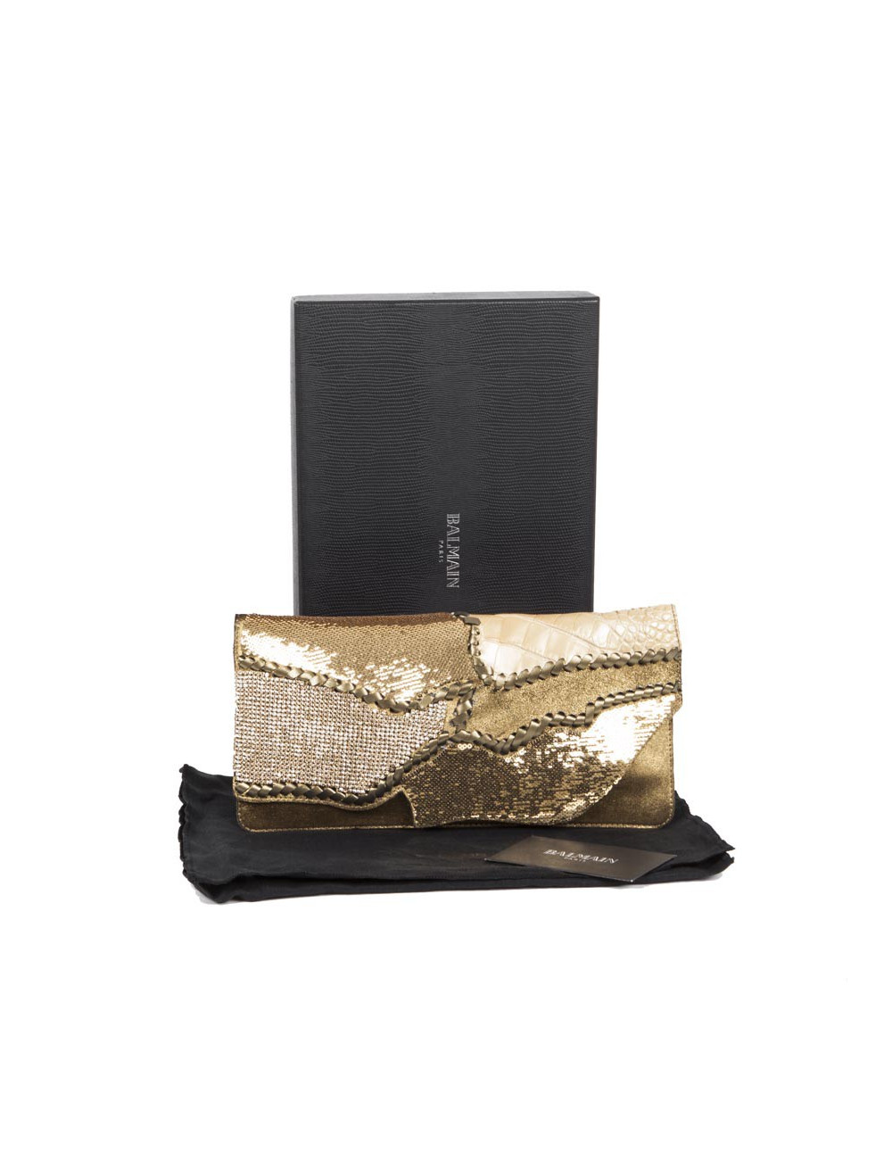 BALMAIN leather and crocodile evening clutch