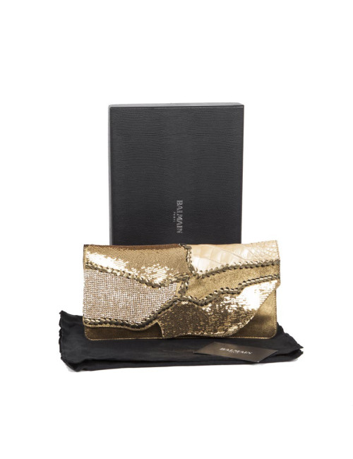 BALMAIN leather and crocodile evening clutch