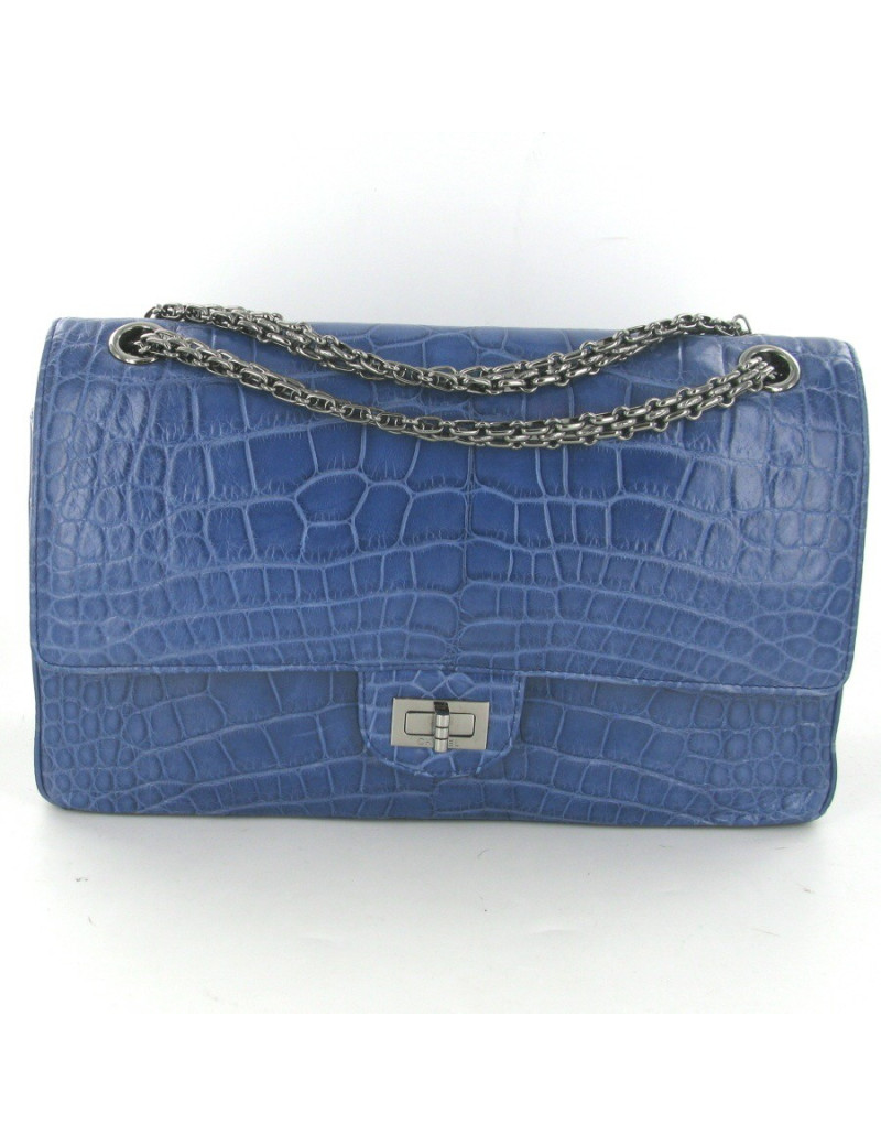 2.55 CHANEL croco bleu bijouterie argent palladié