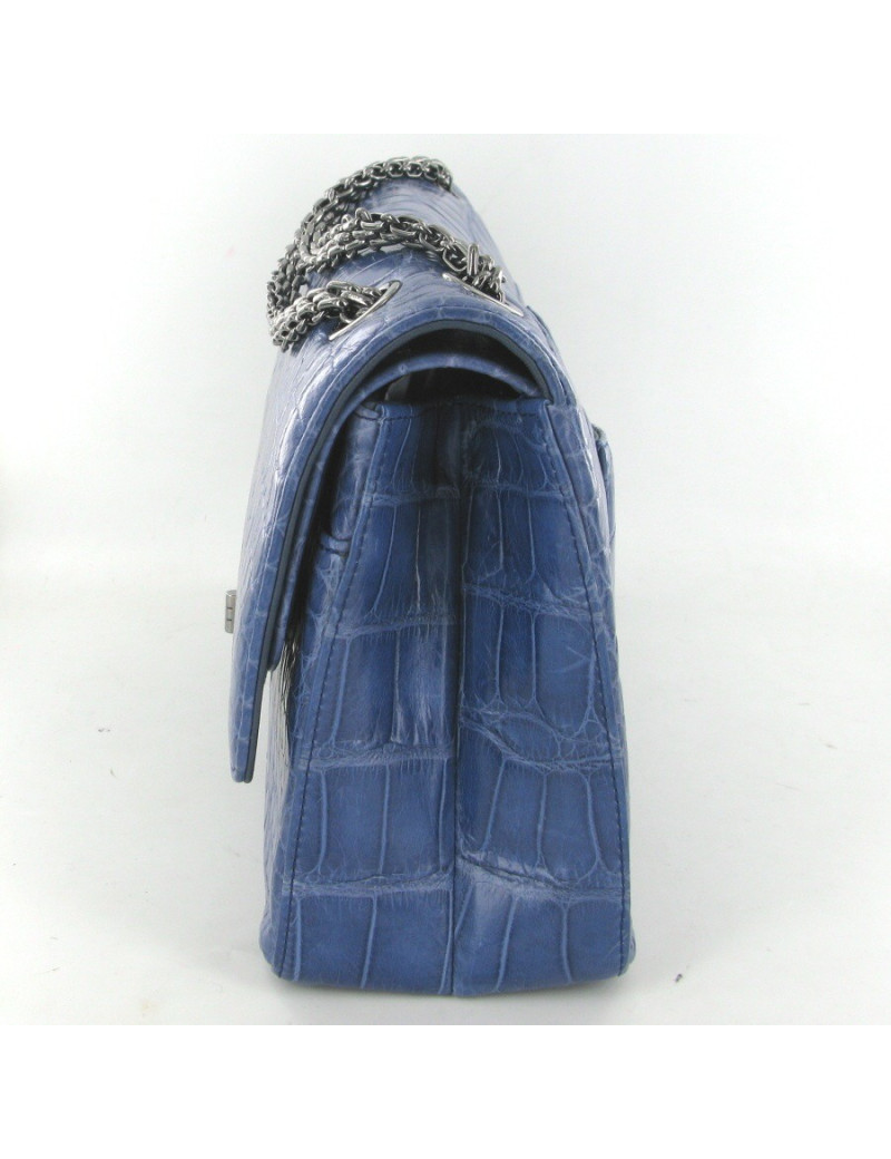 2.55 CHANEL croco bleu bijouterie argent palladié