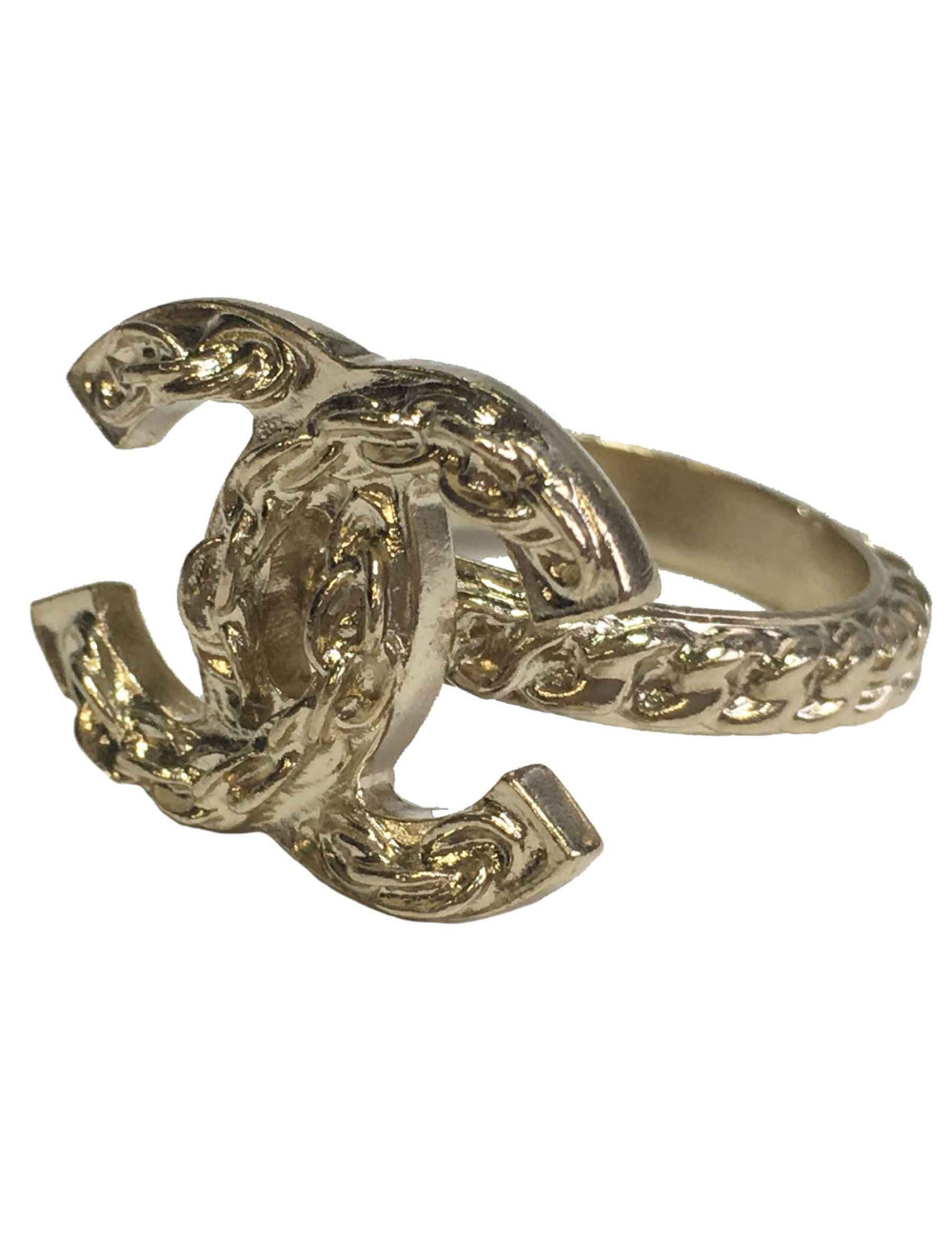 Bague CHANEL T52,5 motif chaine en métal doré 