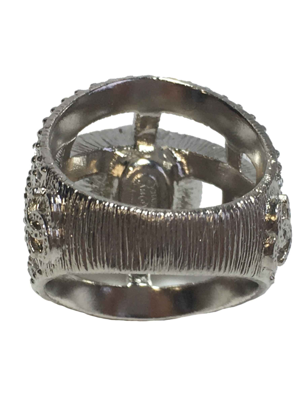 Bague CHANEL "joaillerie" T54 en métal argenté, perle nacrée et strass