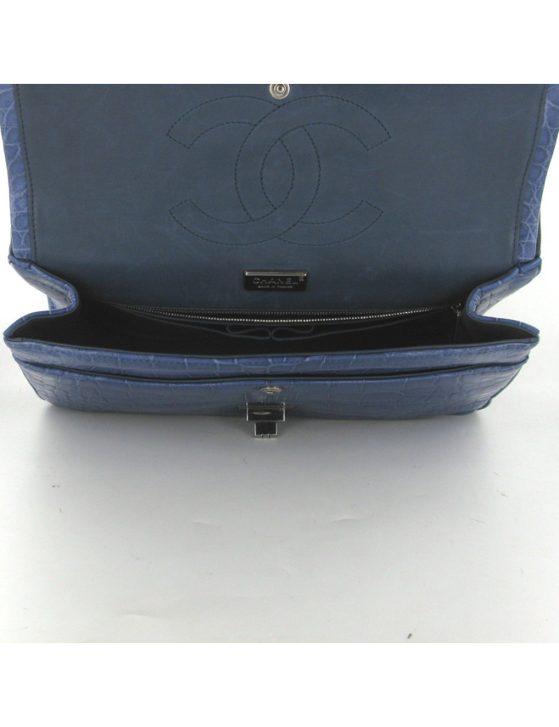 2.55 CHANEL croco bleu bijouterie argent palladié
