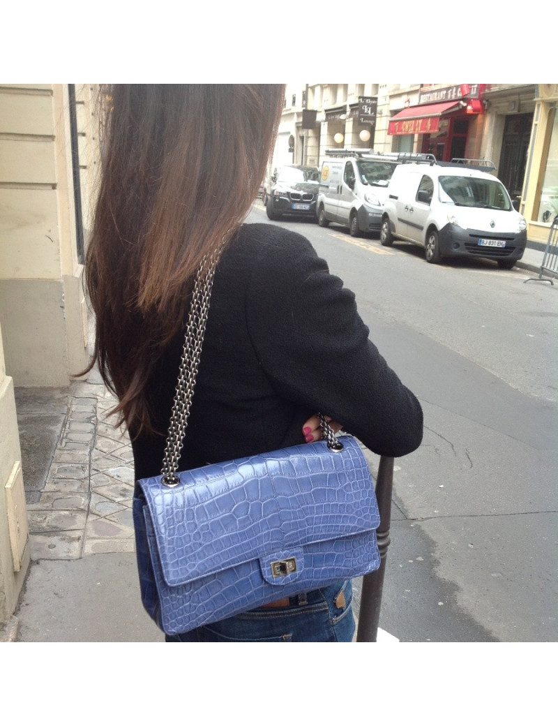 2.55 CHANEL croco bleu bijouterie argent palladié