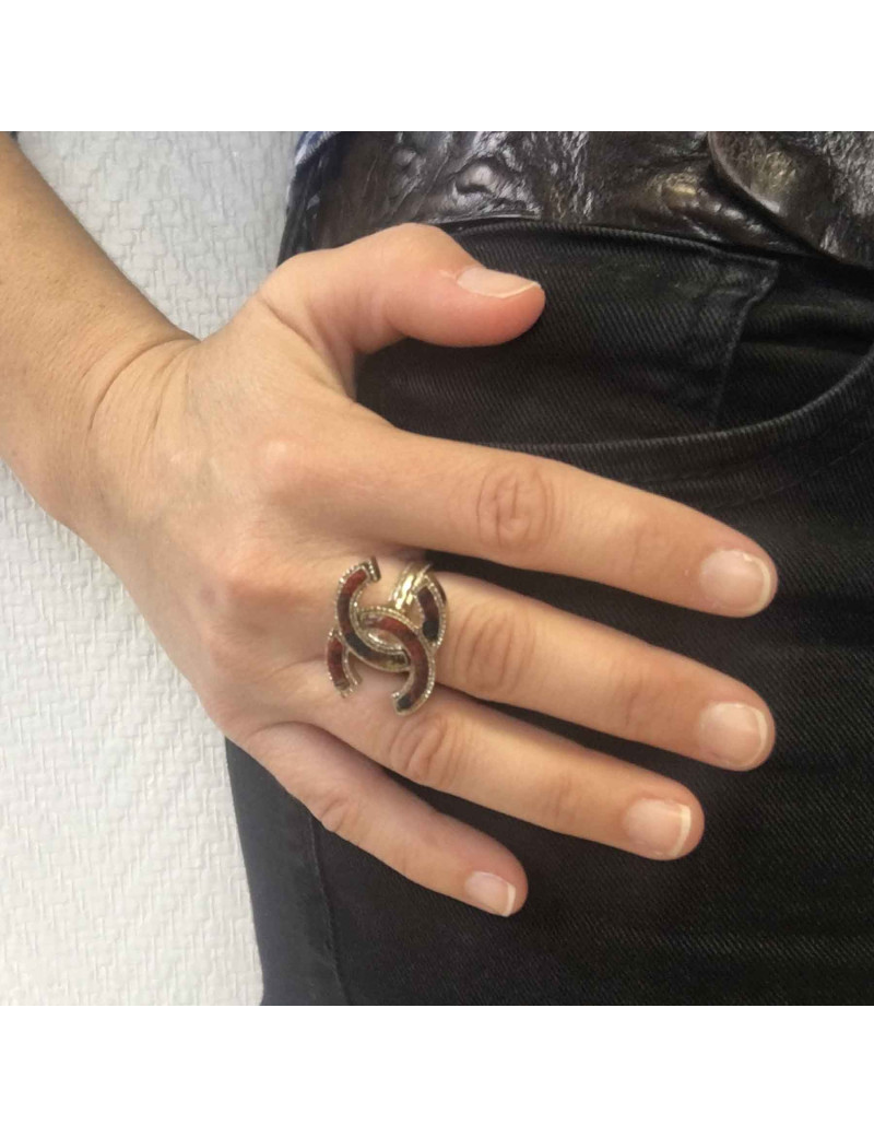 Bague CHANEL Paris- Edimburg T53 en métal doré et tweed écossais