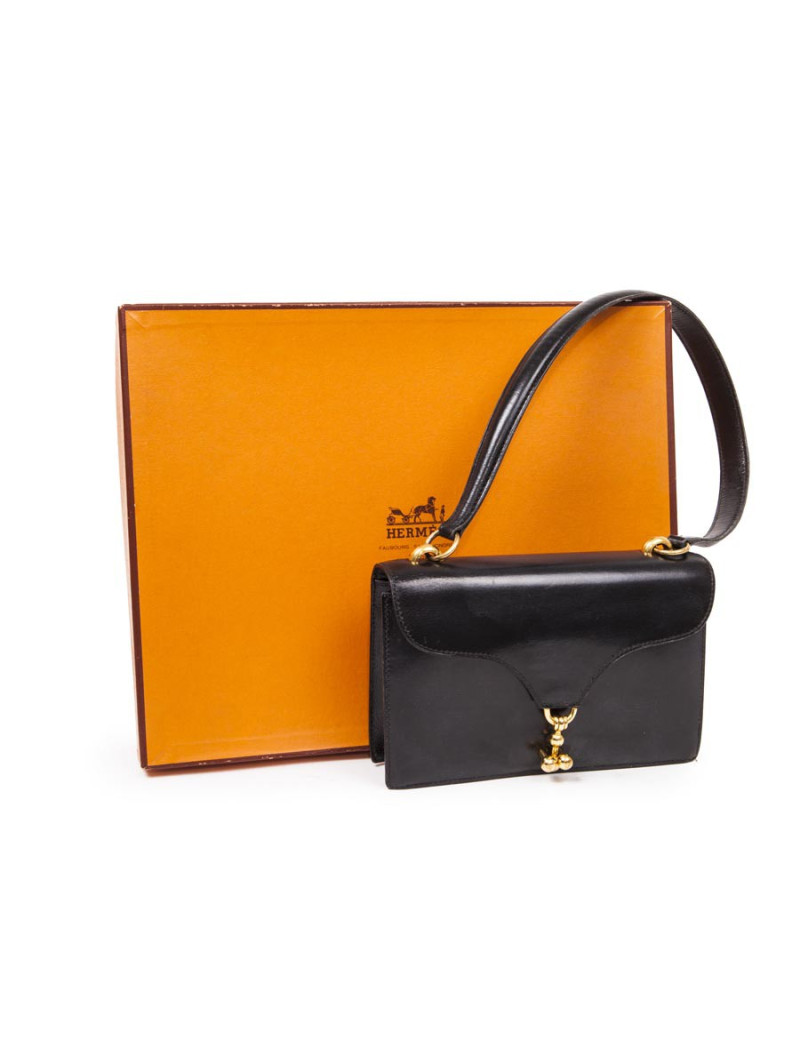 Mini sac HERMES Vintage en cuir box noir