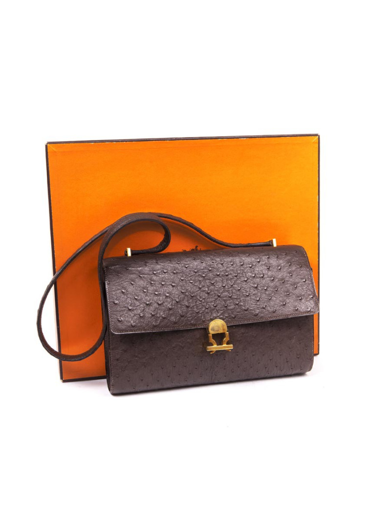 Sac HERMES en autruche maron vintage