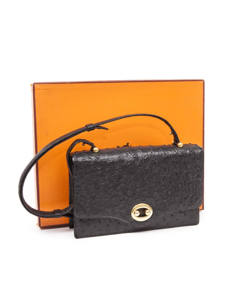 Sac HERMES en autruche noir Vintage