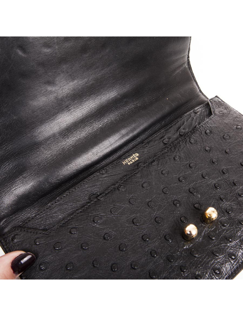 Sac HERMES en autruche noir Vintage