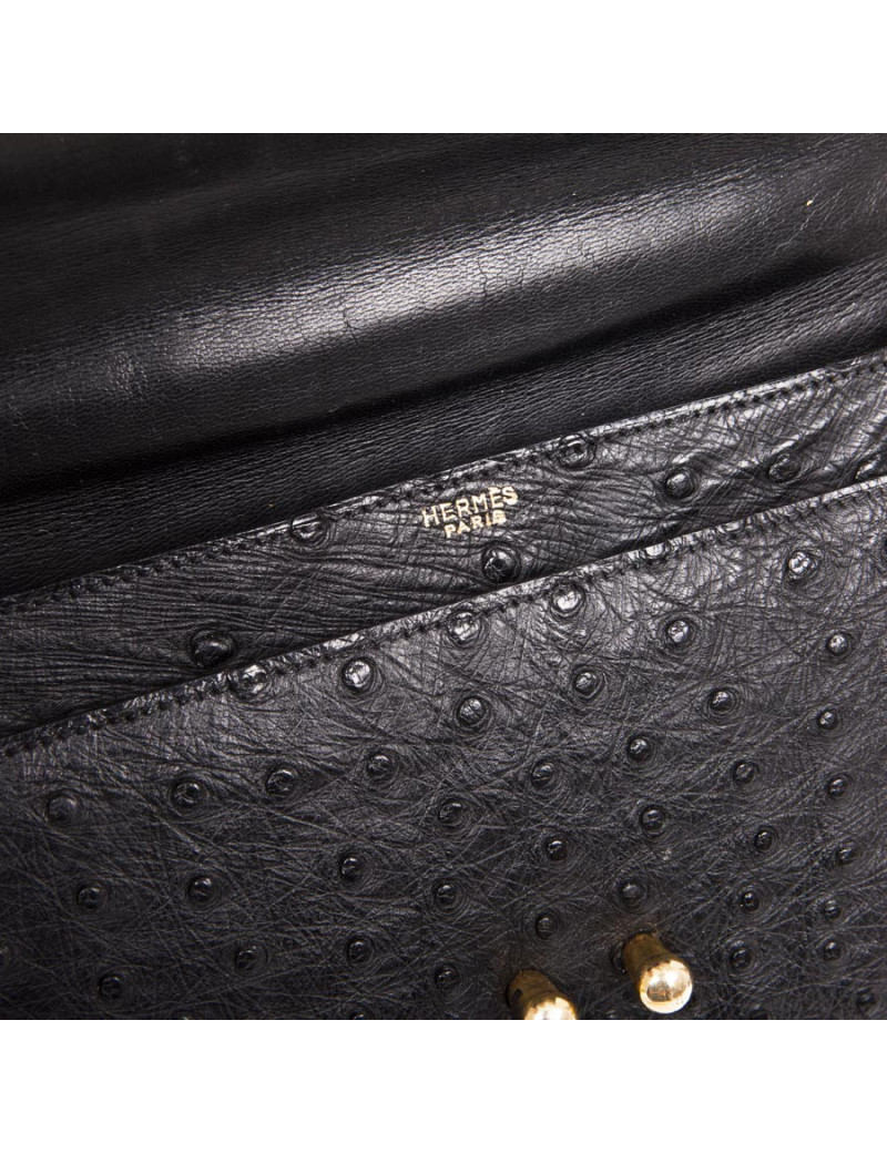 Sac HERMES en autruche noir Vintage