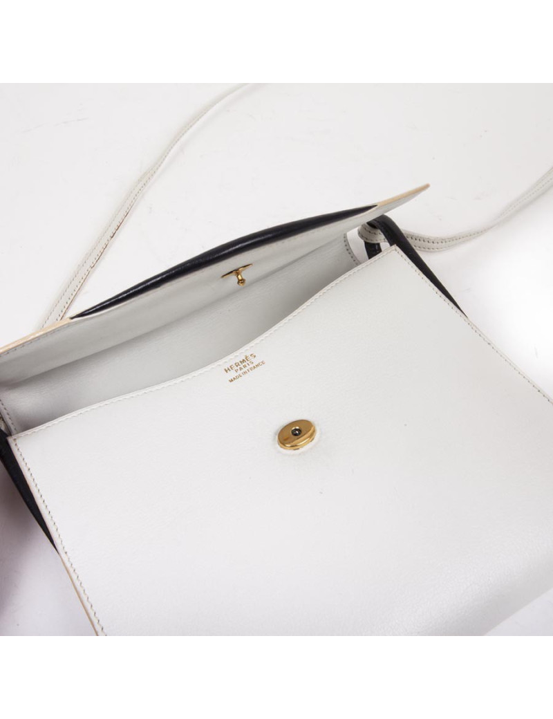 HERMES vintage bag in white leather and night blue trim