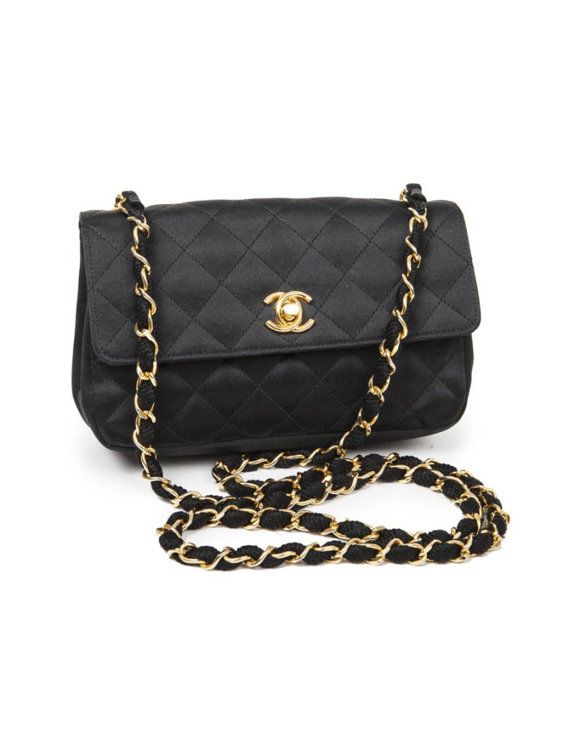 Mini ac du soir CHANEL en satin de soie matelassé noir