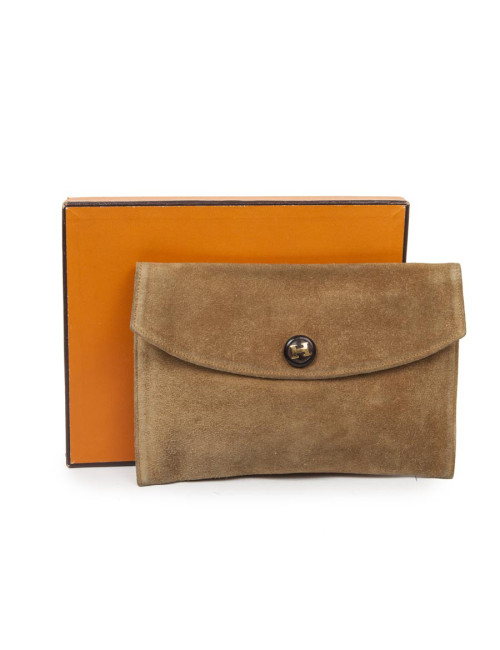 HERMES vintage clutch in camel suede