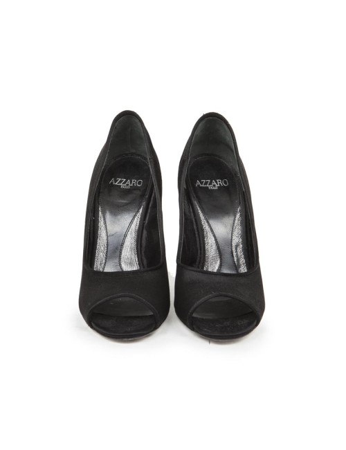 AZZARO Wedge high heels pumps in black silk satin and Swarovski crystals Size 37EU