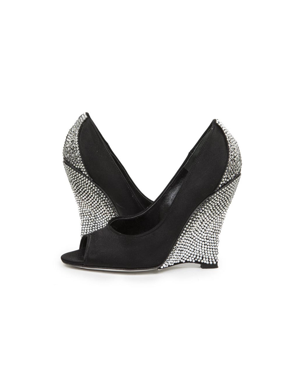 AZZARO Wedge high heels pumps in black silk satin and Swarovski crystals Size 37EU