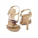 Sandales hautes VALENTINO GARAVANI T 37 en soie beige doré, perles nacrées et fleurettes violettes 