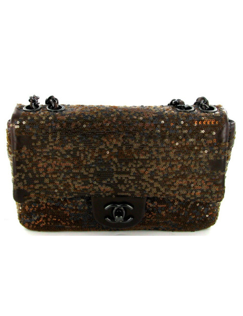 Sac CHANEL timeless en cuir marron brodé de sequins