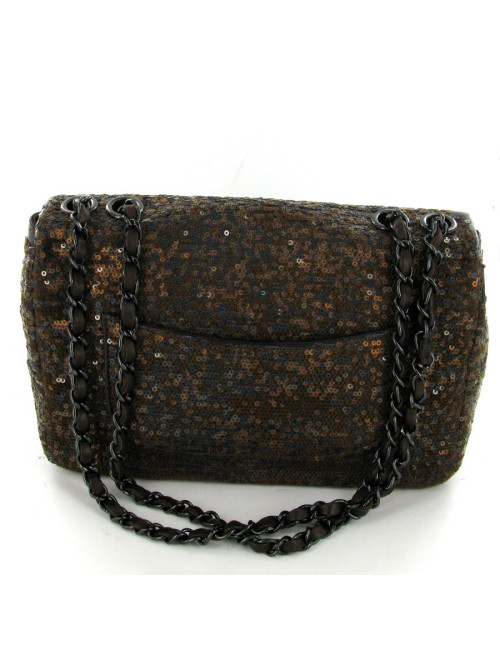 Sac CHANEL timeless en cuir marron brodé de sequins