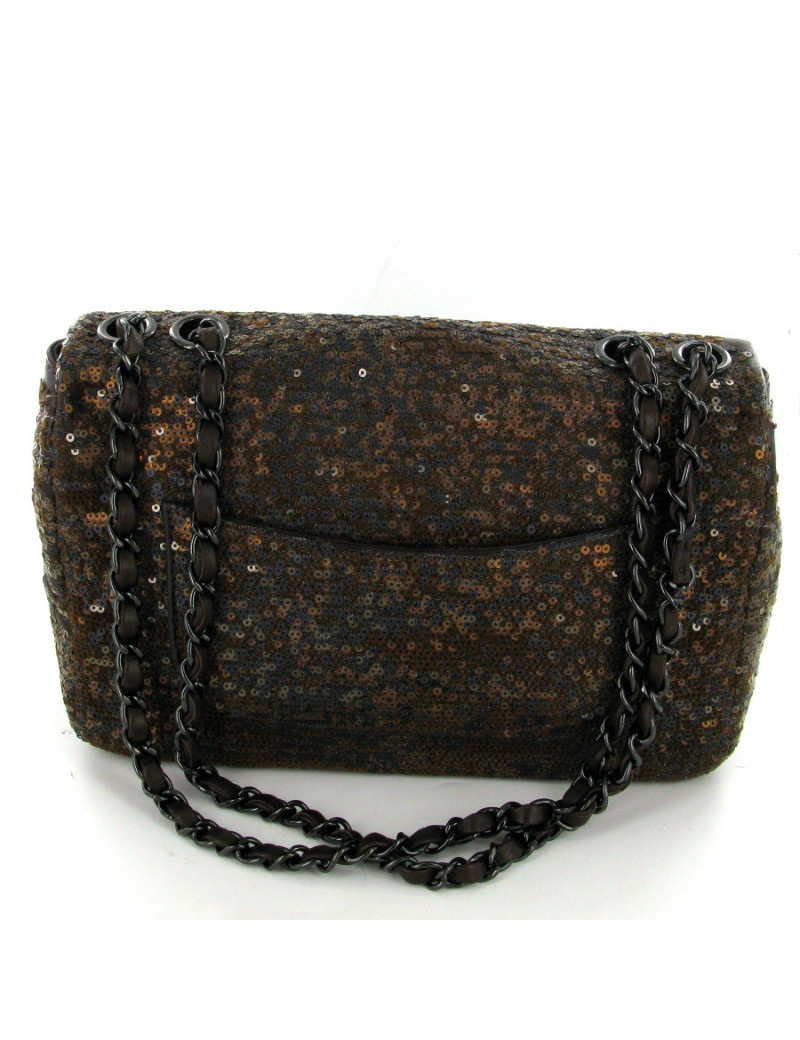 Sac CHANEL timeless en cuir marron brodé de sequins